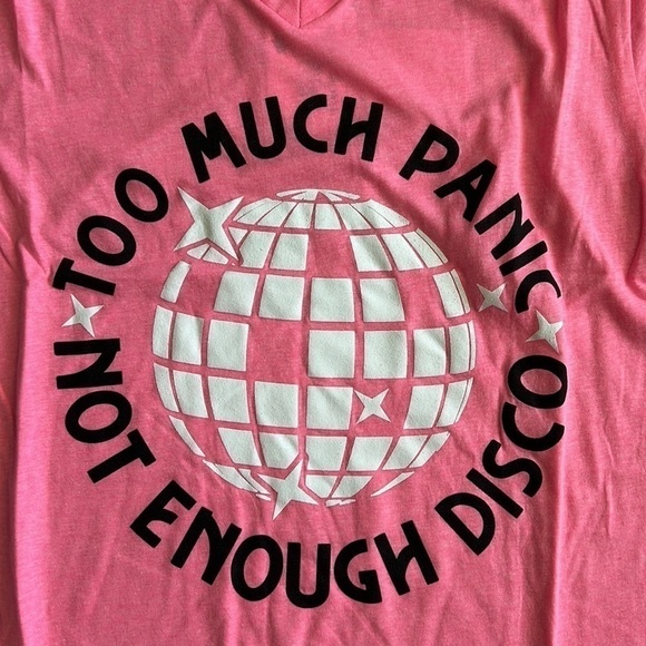 Too Much Panic Not Enough Disco Pink and White Bella Canvas Graphic Tee - Picture 2 of 5